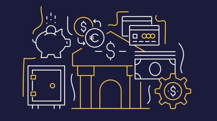 Banking Related Modern Line Art Icons Background. Linear Style Vector Illustration.
