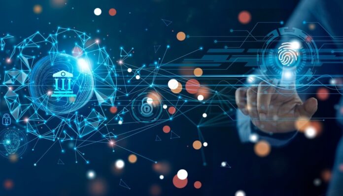 Biometrics security, Businessman using fingerprint identification to access personal financial data. Idea for E-kyc (electronic know your customer), Innovation technology against digital cyber crime.