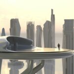 Businessman on top of a futuristic building