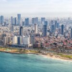 Tel Aviv skyline beach aerial view photo Israel city Mediterranean sea skyscrapers