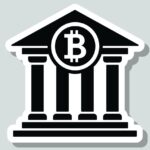 Bank with Bitcoin sign. Icon sticker on gray background