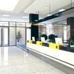 Customer stand large open space office perspective realistic 3D rendering