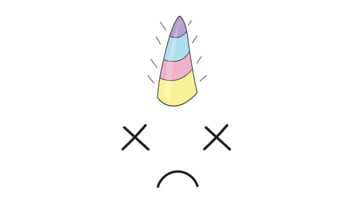unicorn head with crossed eye and rainbow mane on white